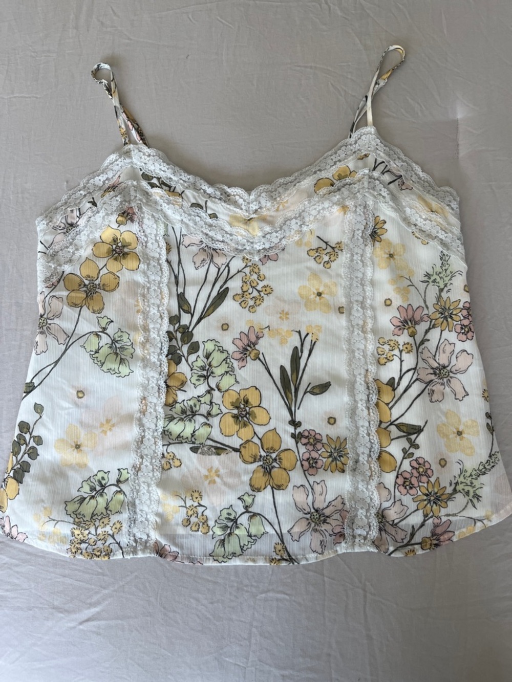 Forever 21 White Floral Lace-Trim Cami with Yellow & Pink Flowers
